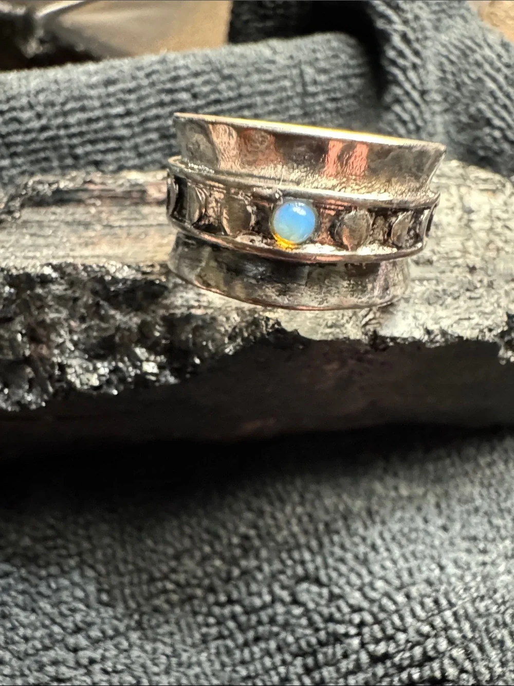 Sterling-Look Silver Band Ring with Blue Opal Accent